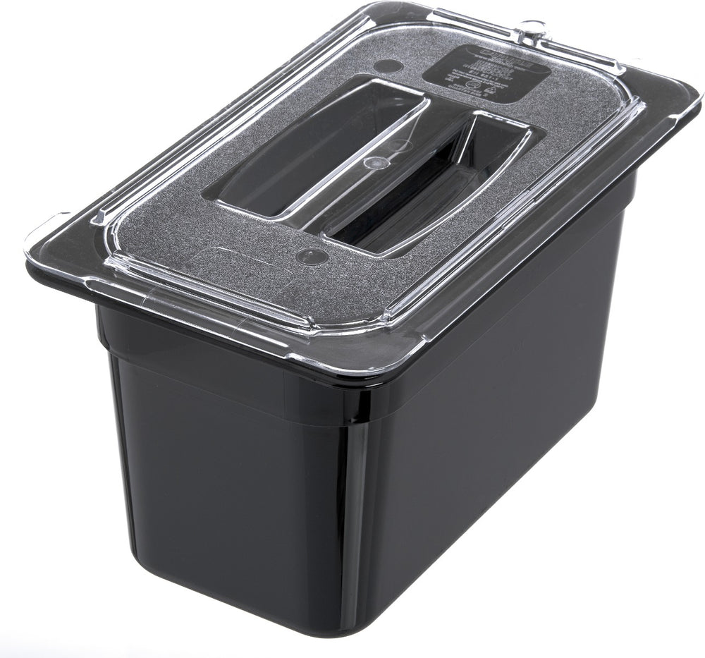 Carlisle 10290U07 StorPlus Universal Polycarbonate Food Pan Cover with Handle - 1/4 Size - Clear