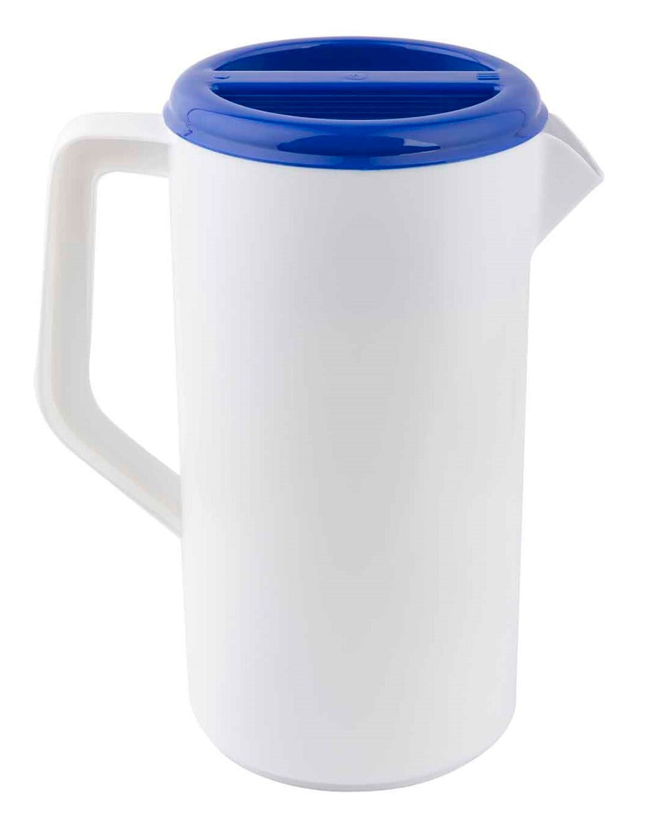 TableCraft 144W Economy Plastic Pitcher with 3-Way Sanitary Blue Lid 2-1/2 qt. - White - 12/Case