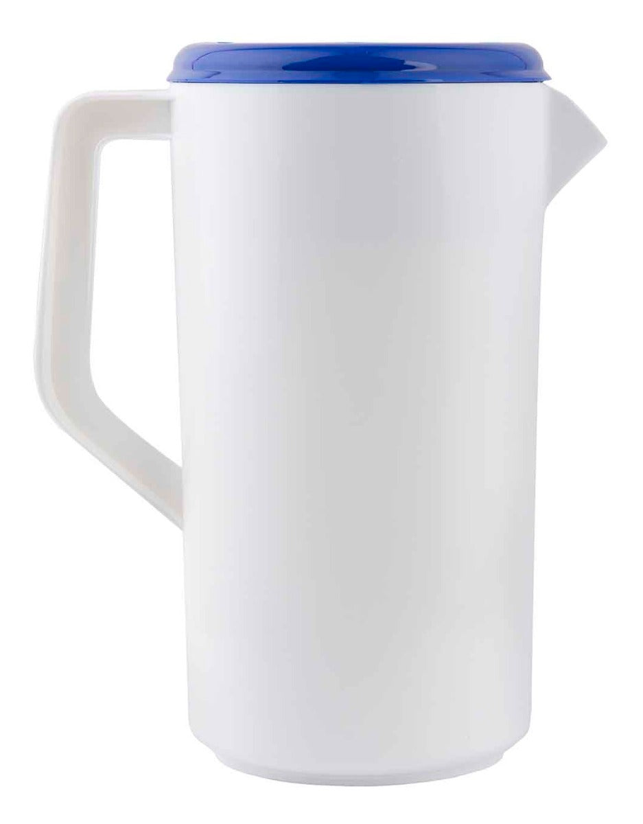 TableCraft 144W Economy Plastic Pitcher with 3-Way Sanitary Blue Lid 2-1/2 qt. - White - 12/Case