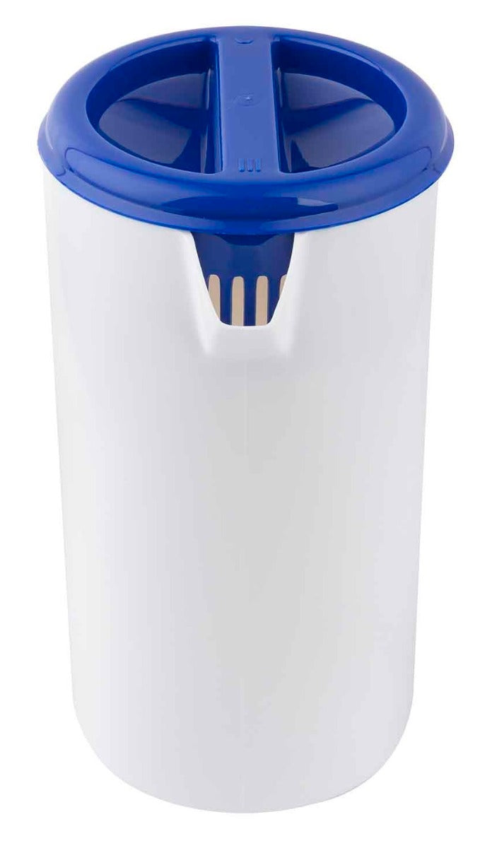 TableCraft 144W Economy Plastic Pitcher with 3-Way Sanitary Blue Lid 2-1/2 qt. - White - 12/Case