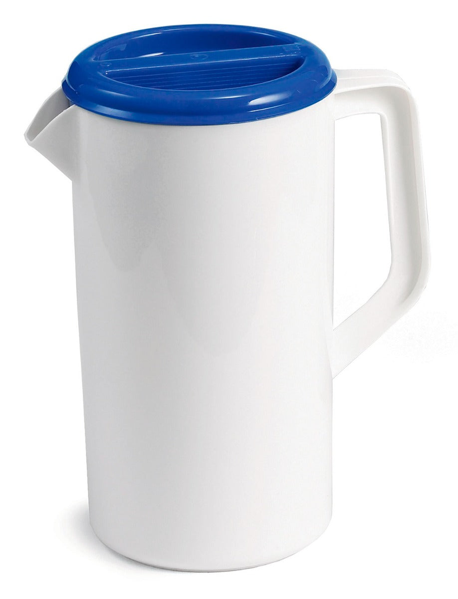 TableCraft 144W Economy Plastic Pitcher with 3-Way Sanitary Blue Lid 2-1/2 qt. - White - 12/Case