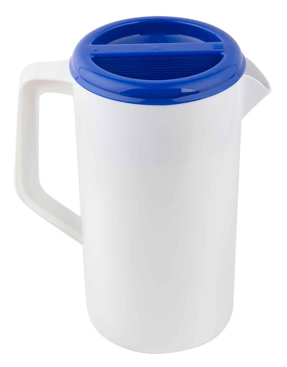TableCraft 144W Economy Plastic Pitcher with 3-Way Sanitary Blue Lid 2-1/2 qt. - White - 12/Case