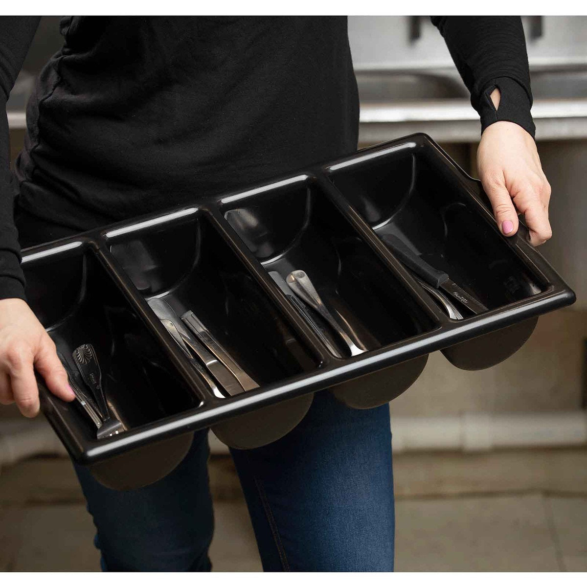 TableCraft 1524B Polyethylene 4-Compartment Cutlery Bin 21-5/8" x 12" x 3-3/4" - Black