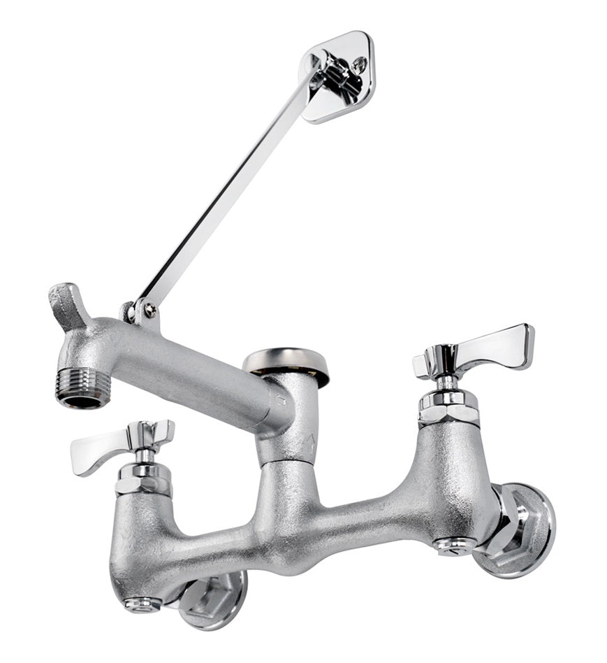Krowne 16-127 Royal Series Wall Mount Service Sink Faucet with 8" Centers, 6-1/2" Cast Spout with Pail Hook & Hose Thread, Wall Brace, Vacuum Breaker, and Lever Handles