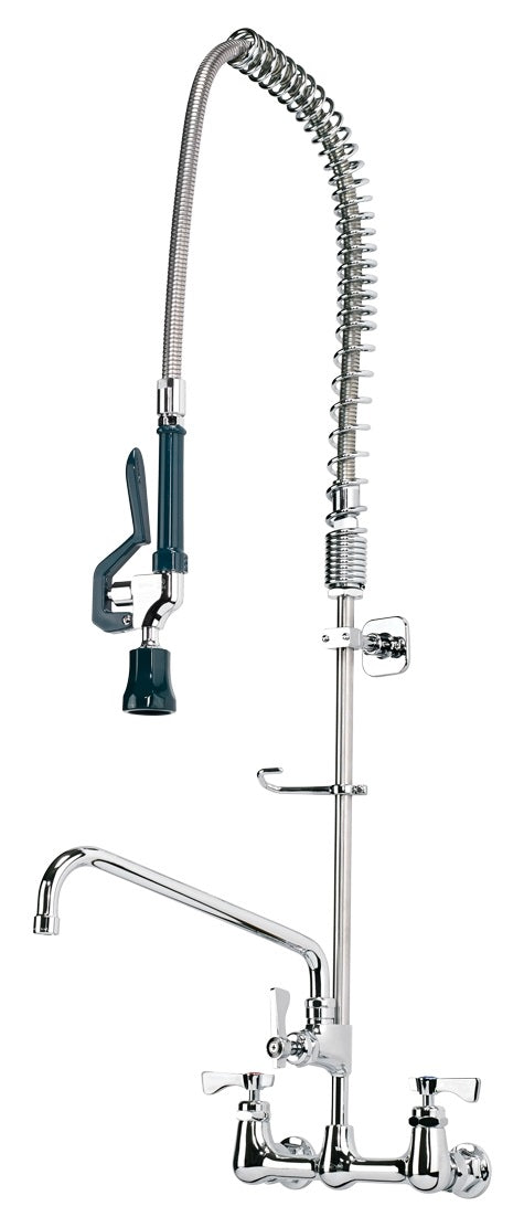 Krowne 17-109WL Royal Series Wall Mount Pre-Rinse Faucet 38"H with 8" Centers - Includes Hose with 15" Overhang & 1.2 GPM Spray Head and Add-On Faucet with 12" Swing Spout