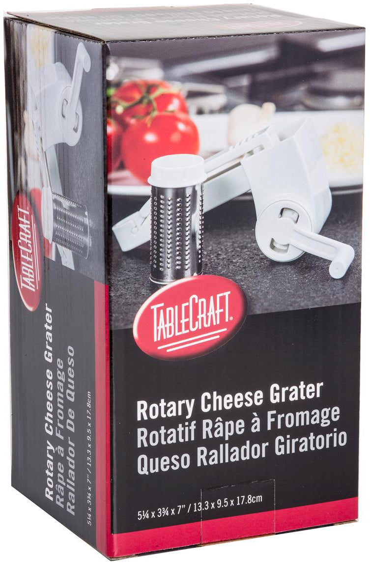 TableCraft 174 Plastic Manual Rotary Cheese Grater with Stainless Steel Drum 7" - White