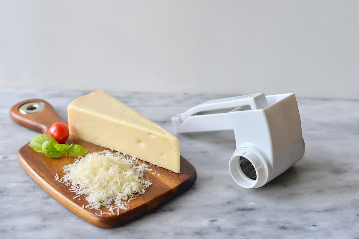 TableCraft 174 Plastic Manual Rotary Cheese Grater with Stainless Steel Drum 7" - White