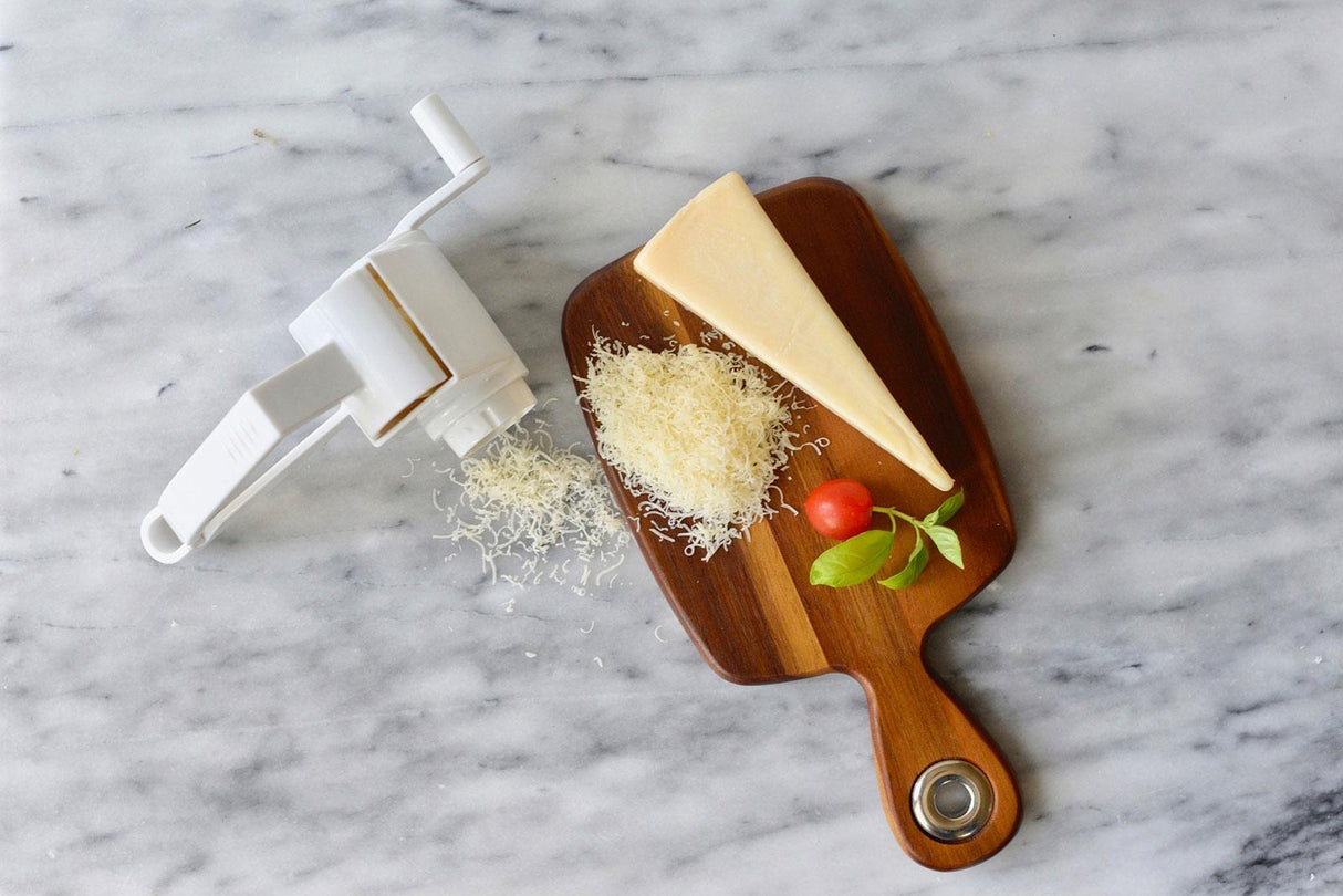 TableCraft 174 Plastic Manual Rotary Cheese Grater with Stainless Steel Drum 7" - White