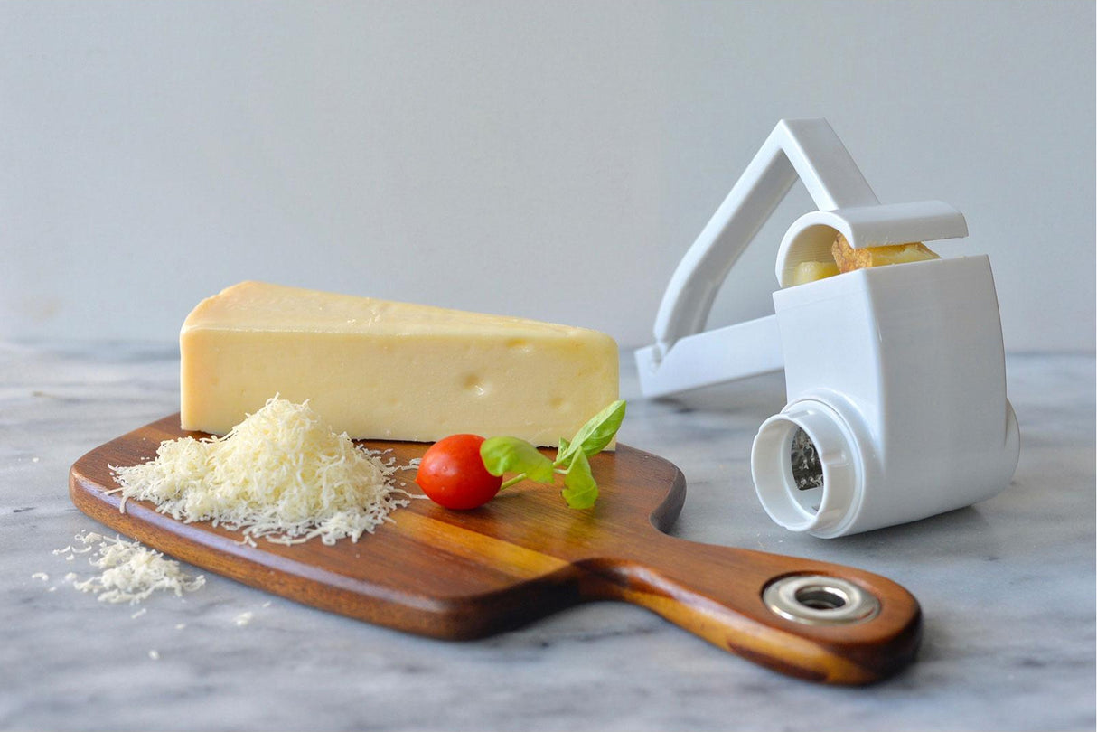 TableCraft 174 Plastic Manual Rotary Cheese Grater with Stainless Steel Drum 7" - White