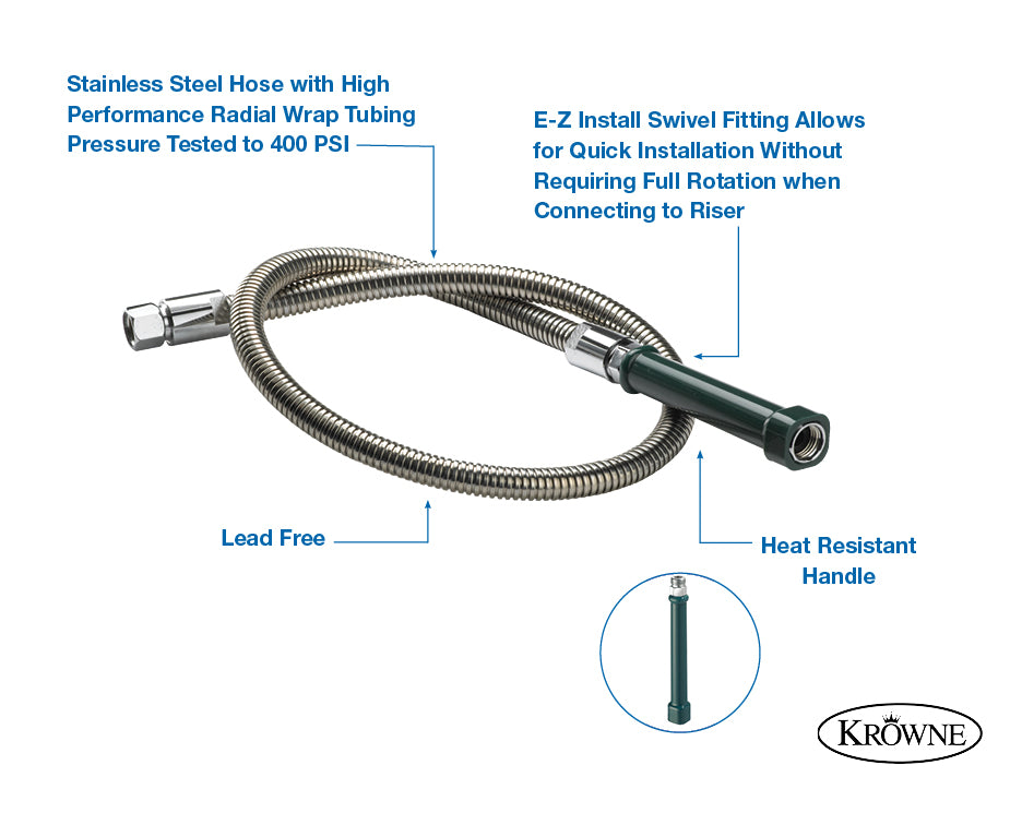 Krowne 21-133L Royal Series Flexible Stainless Steel Pre-Rinse Hose with Grip 44"