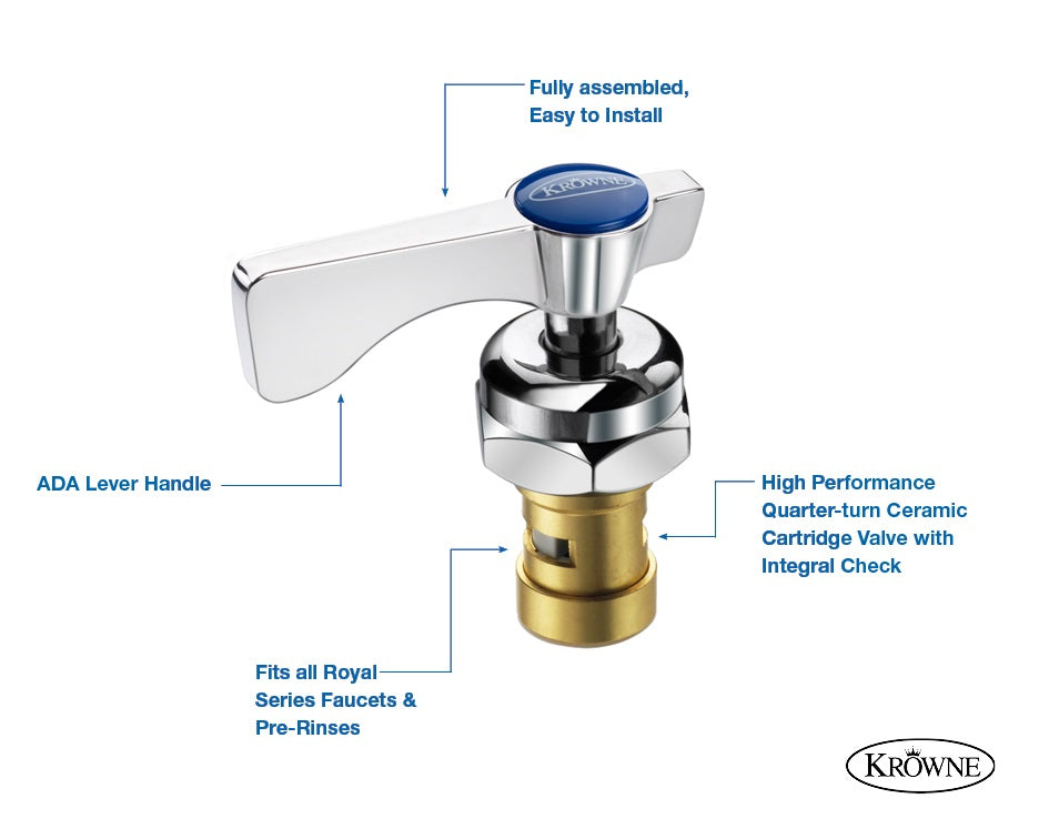 Krowne 21-308L Royal Series 1/4 Turn Ceramic Valve & Lever Handle - Low Lead Cold Stem Assembly for Wall/Deck Mount Faucet