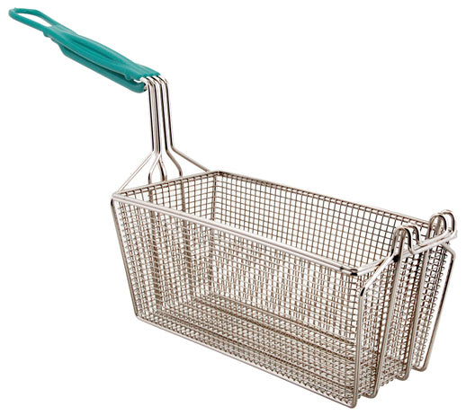 FMP 225-1070 Twin / Half Size Fryer Basket with Double Front Hookand  E-Z Grip Vinyl-Coated Handle - 13-1/4" x 6-1/2" x 6" H