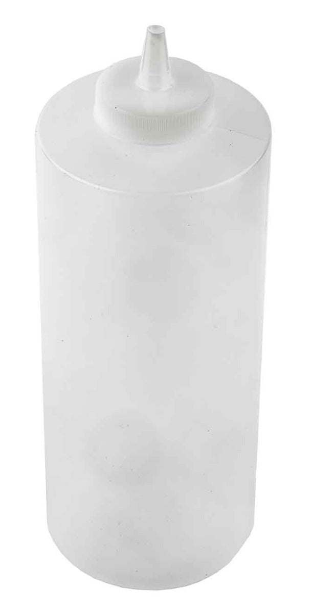 TableCraft 233C Polyethylene Squeeze Bottle with Natural Wide Cone Tip and 38 mm Opening 32 oz. - Clear