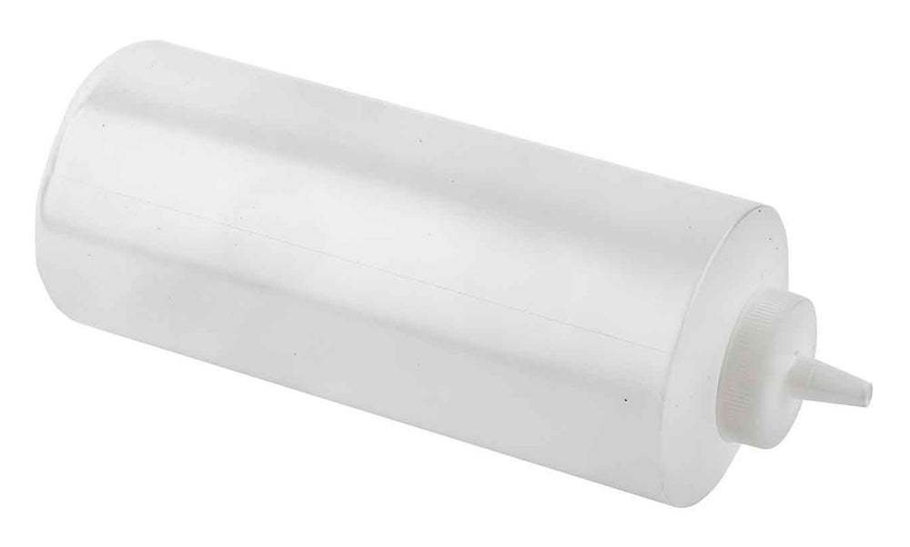 TableCraft 233C Polyethylene Squeeze Bottle with Natural Wide Cone Tip and 38 mm Opening 32 oz. - Clear