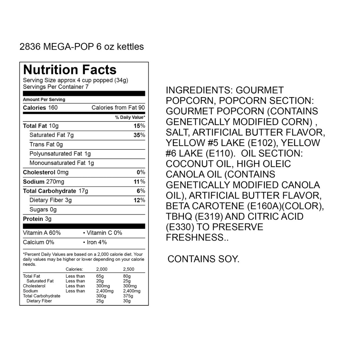 Gold Medal 2836 Mega Pop Corn/Oil/Salt Kits for 6 oz. Kettles - 36/Case