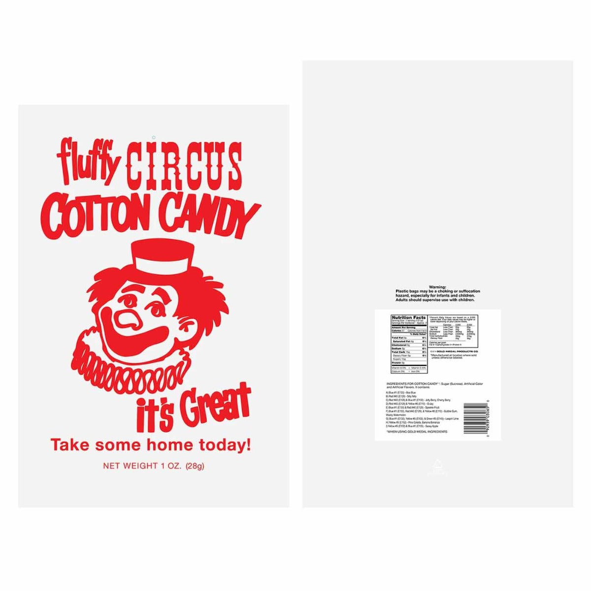 Gold Medal 3065 Quick Pak Red Clown Print Cotton Candy Bags with Ties 12" x 18" - Clear - 100/Bag