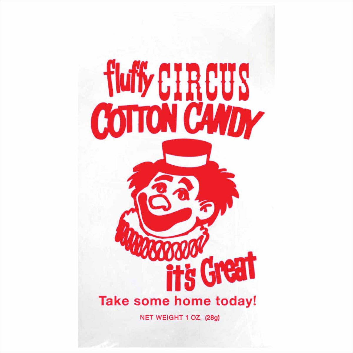 Gold Medal 3065 Quick Pak Red Clown Print Cotton Candy Bags with Ties 12" x 18" - Clear - 100/Bag