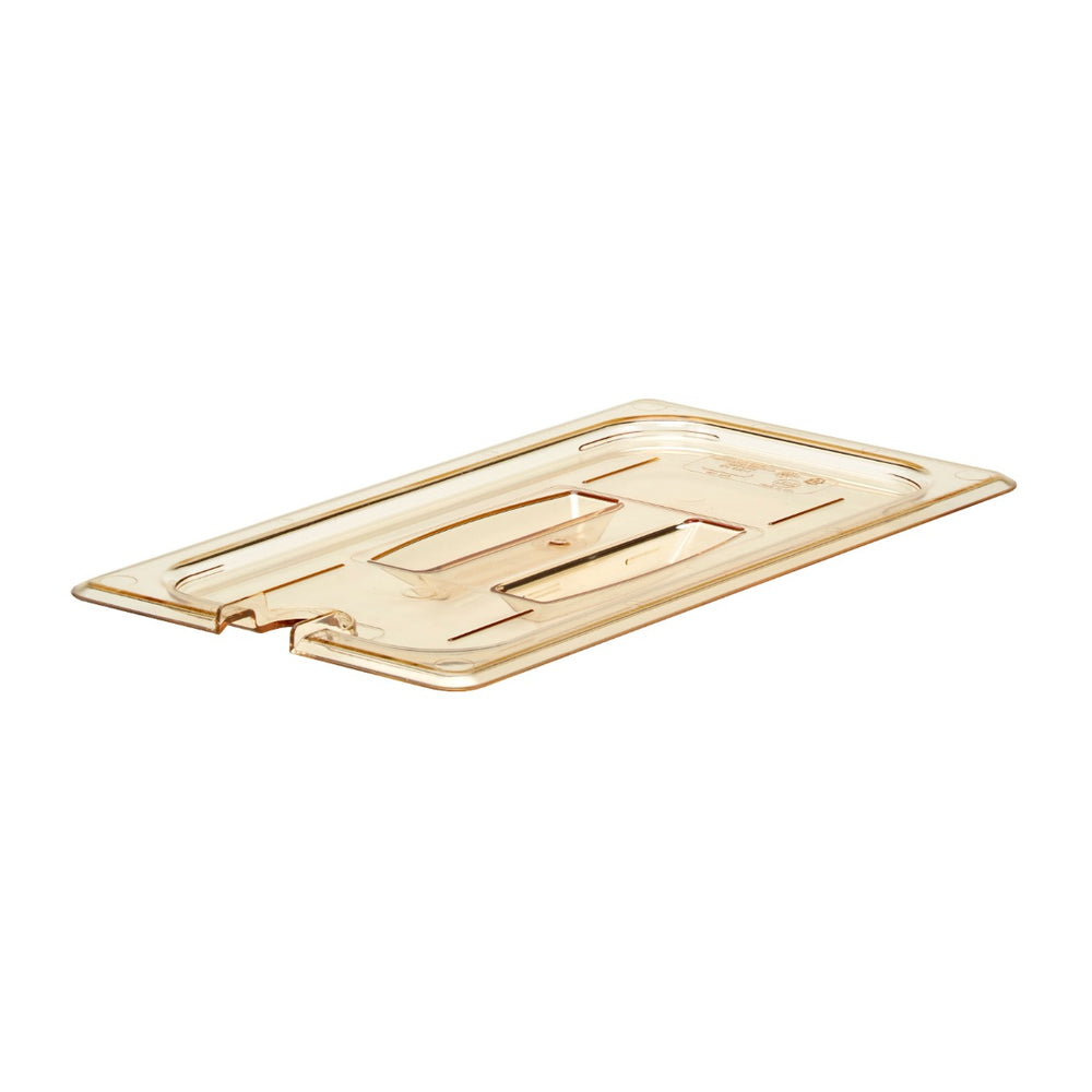 Cambro 30HPCHN150 H-Pan Plastic High Heat Food Pan Cover with Handle & Spoon Notch - 1/3 Size - Amber