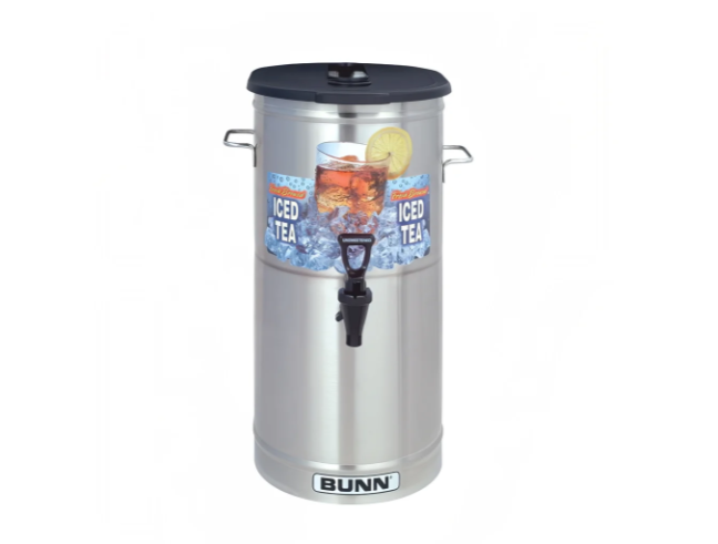 Bunn 34100.0002 TDO-4 Oval Cylinder Iced Tea & Coffee Dispenser with Side Handles and Brew-Thru Plastic Lid 4 gal.