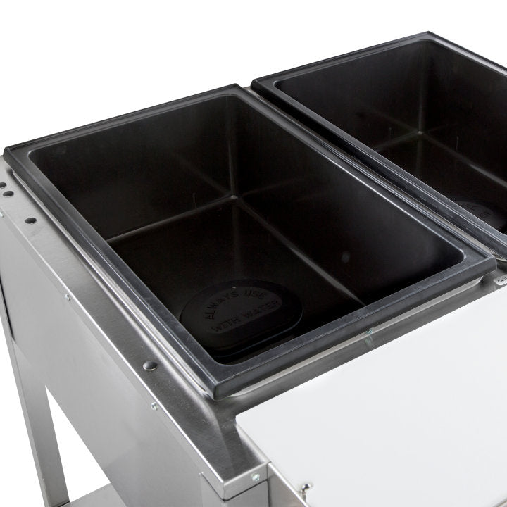 Vollrath 38002 ServeWell Electric 2-Well Hot Food Table with Plate Shelf & Cutting Board 46" - Sealed Well - 120v, 960W
