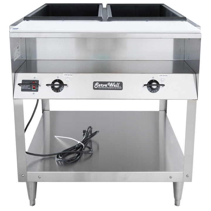 Vollrath 38002 ServeWell Electric 2-Well Hot Food Table with Plate Shelf & Cutting Board 46" - Sealed Well - 120v, 960W