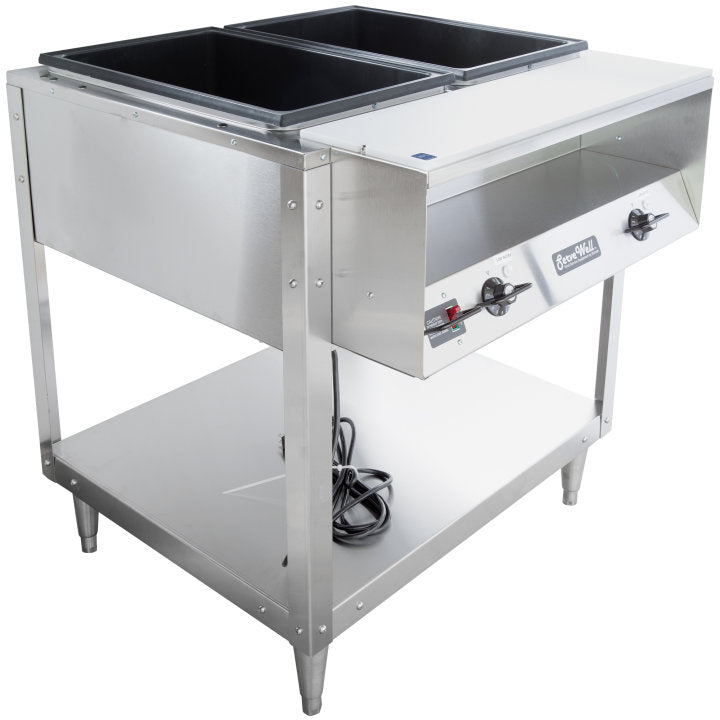 Vollrath 38002 ServeWell Electric 2-Well Hot Food Table with Plate Shelf & Cutting Board 46" - Sealed Well - 120v, 960W