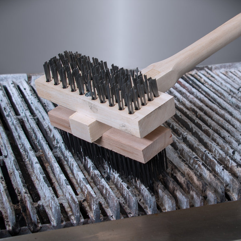 Carlisle 4029400 Double Head Broiler King Grill Brush with Carbon Steel Bristles and Wood Handle 48" OAL