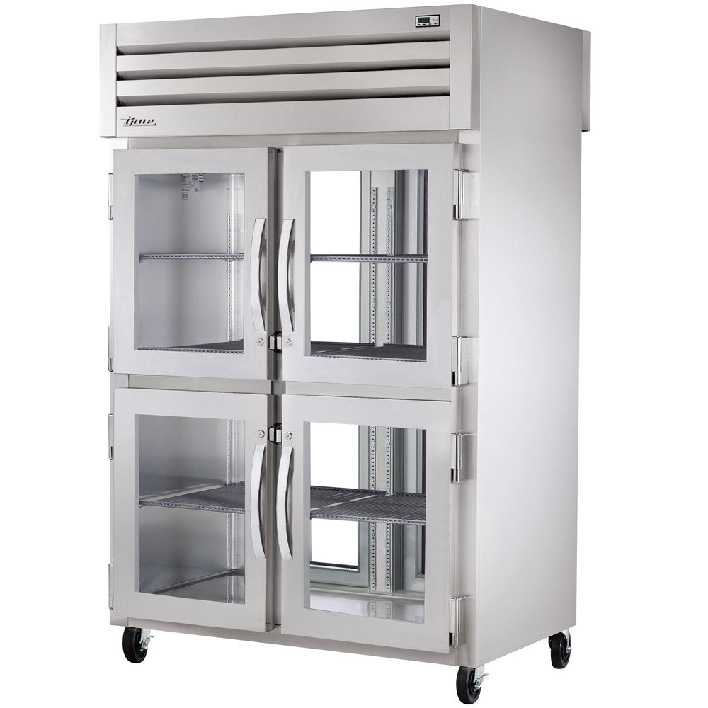 True STR2RPT-4HG-2G Spec Series 2-Section Glass Half Door Front / Glass Full Door Rear Pass-Thru Refrigerator 52" - 56 cu. ft. - 115v
