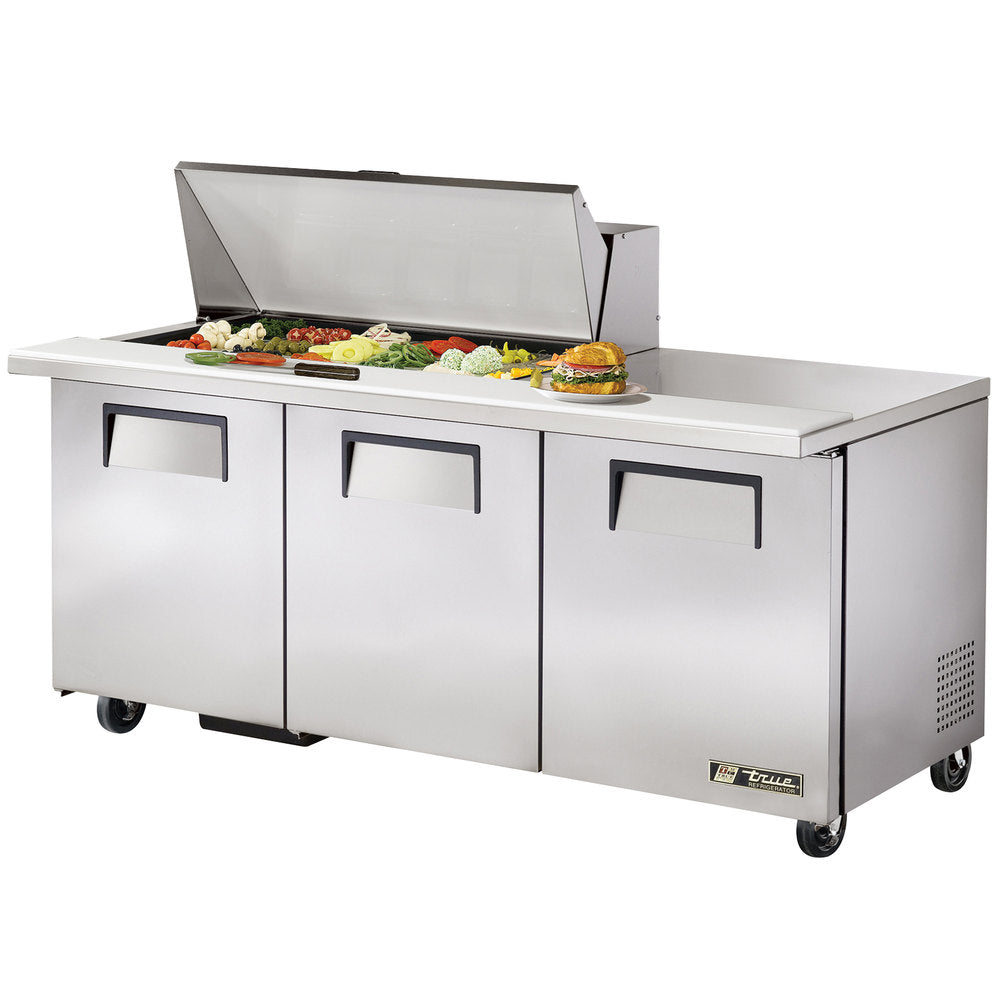 True TSSU-72-18M-B-HC 3-Section 3 Door Mega Top Refrigerated Salad/Sandwich Prep Table 72" - Holds (18) 1/6 Size Pans - 115v