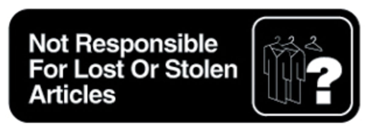 Vollrath 4532 Contemporary Plastic "Not Responsible For Lost Or Stolen Articles" Informational Sign with Text and Symbol 3" x 9" - White on Black