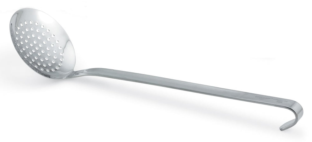 Vollrath 47175 Two-Piece Stainless Steel Round Skimmer with 6-5/16" dia. Perforated Blade and 12-3/4" Hooked Handle - 6/Case