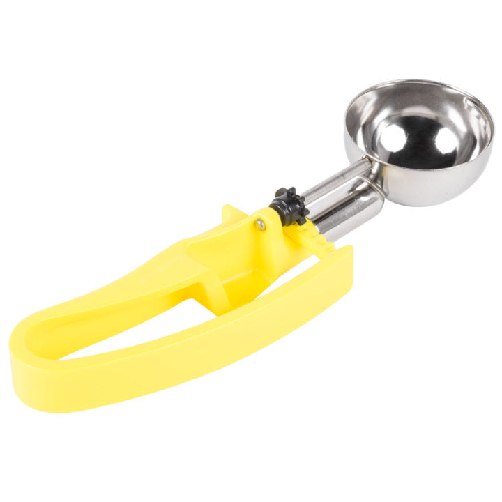 Vollrath 47396 Jacob's Pride Standard Length Disher with Royal Yellow Squeeze Handle 1.8 oz. - Size 20 - 12/Case