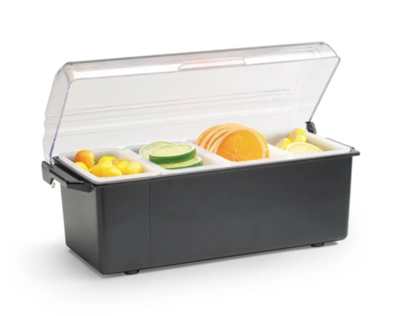 Vollrath 4741-06 Traex Kondi-Keeper 4-Compartment Black Plastic Condiment Dispenser Bar with (4) 1-Pint Inserts and Domed Lid 12" x 6" x 4-1/2"H