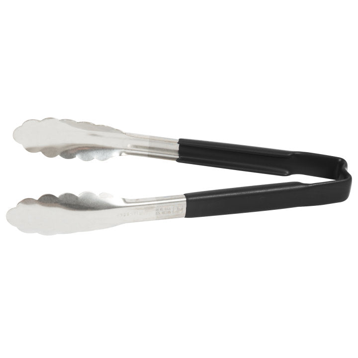 Vollrath 4780920 Jacob's Pride 1-Piece Stainless Steel Scalloped Utility Tongs with Color-Coded Kool-Touch Handle 9-1/2" - Black