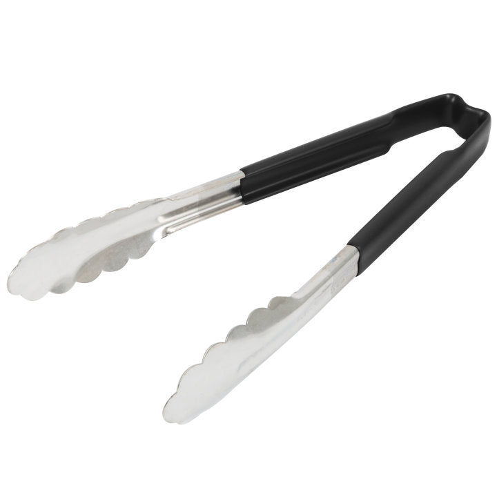 Vollrath 4780920 Jacob's Pride 1-Piece Stainless Steel Scalloped Utility Tongs with Color-Coded Kool-Touch Handle 9-1/2" - Black
