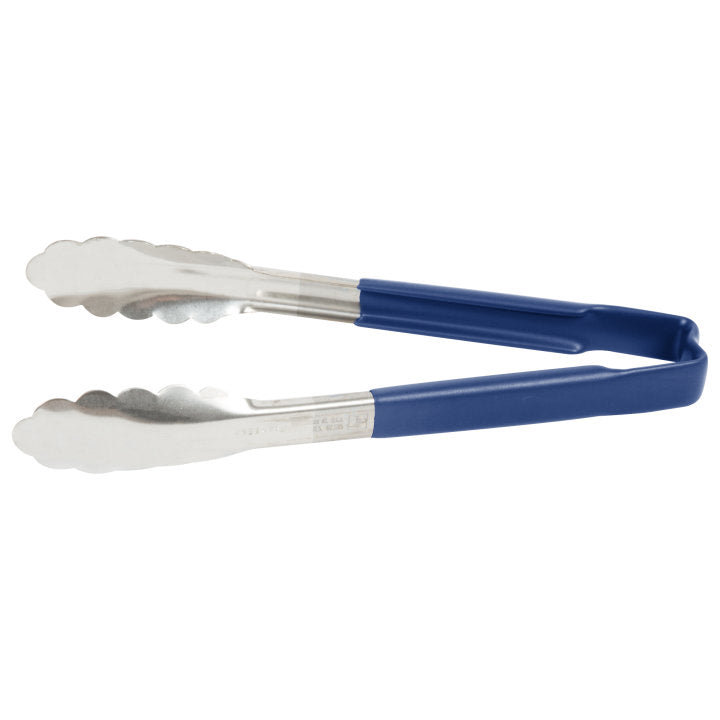Vollrath 4780930 Jacob's Pride 1-Piece Stainless Steel Scalloped Utility Tongs with Color-Coded Kool-Touch Handle 9-1/2" - Blue