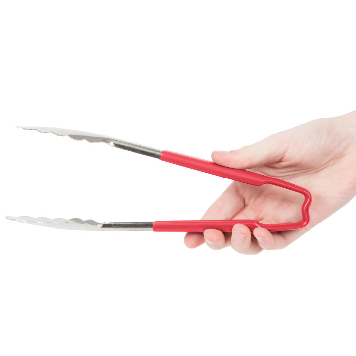 Vollrath 4780940 Jacob's Pride 1-Piece Stainless Steel Scalloped Utility Tongs with Color-Coded Kool-Touch Handle 9-1/2" - Red