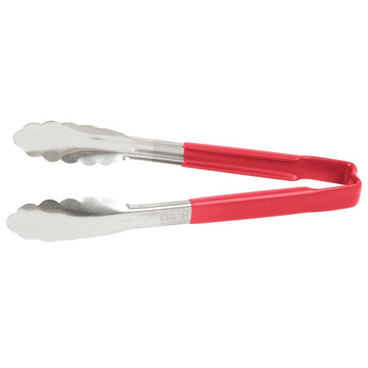 Vollrath 4780940 Jacob's Pride 1-Piece Stainless Steel Scalloped Utility Tongs with Color-Coded Kool-Touch Handle 9-1/2" - Red