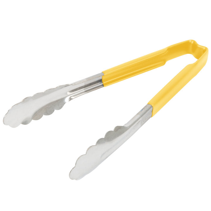 Vollrath 4780950 Jacob's Pride 1-Piece Stainless Steel Scalloped Utility Tongs with Color-Coded Kool-Touch Handle 9-1/2" - Yellow