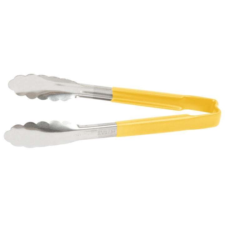 Vollrath 4780950 Jacob's Pride 1-Piece Stainless Steel Scalloped Utility Tongs with Color-Coded Kool-Touch Handle 9-1/2" - Yellow