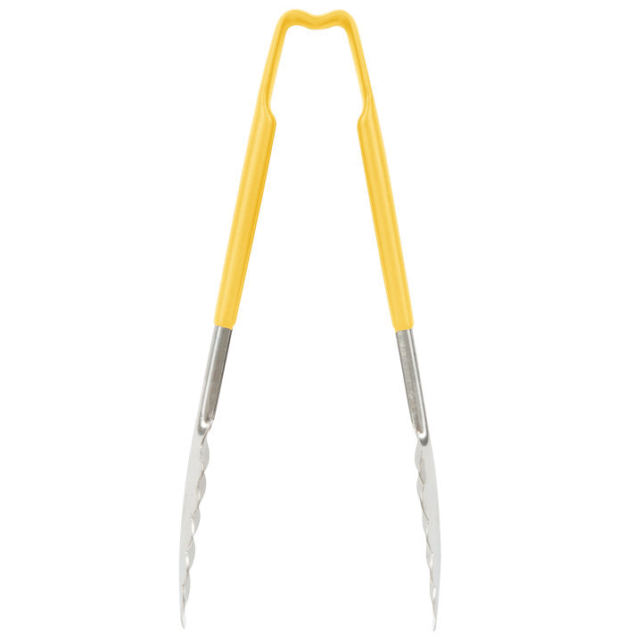 Vollrath 4780950 Jacob's Pride 1-Piece Stainless Steel Scalloped Utility Tongs with Color-Coded Kool-Touch Handle 9-1/2" - Yellow