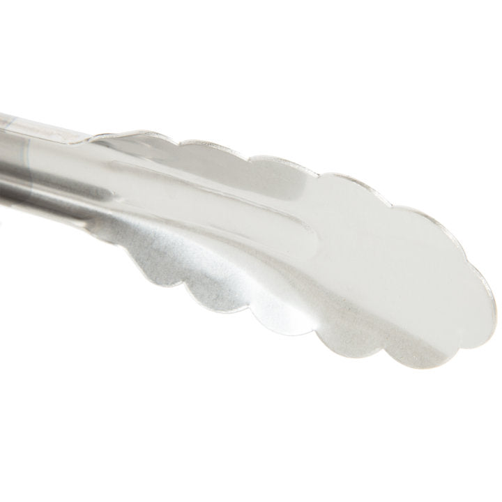 Vollrath 4780960 Jacob's Pride 1-Piece Stainless Steel Scalloped Utility Tongs with Color-Coded Kool-Touch Handle 9-1/2" - Tan