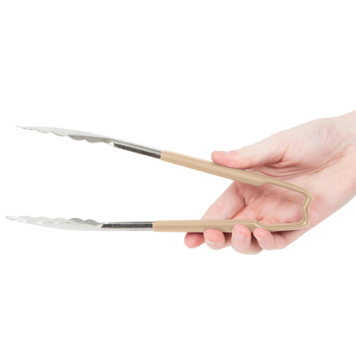 Vollrath 4780960 Jacob's Pride 1-Piece Stainless Steel Scalloped Utility Tongs with Color-Coded Kool-Touch Handle 9-1/2" - Tan