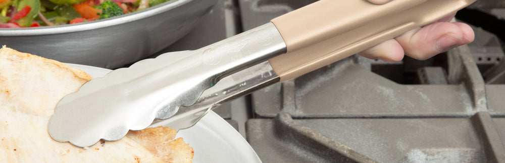 Vollrath 4780960 Jacob's Pride 1-Piece Stainless Steel Scalloped Utility Tongs with Color-Coded Kool-Touch Handle 9-1/2" - Tan