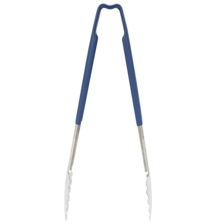 Vollrath 4781230 Jacob's Pride 1-Piece Stainless Steel Scalloped Utility Tongs with Color-Coded Kool-Touch Handle 12" - Blue