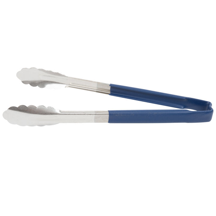 Vollrath 4781230 Jacob's Pride 1-Piece Stainless Steel Scalloped Utility Tongs with Color-Coded Kool-Touch Handle 12" - Blue