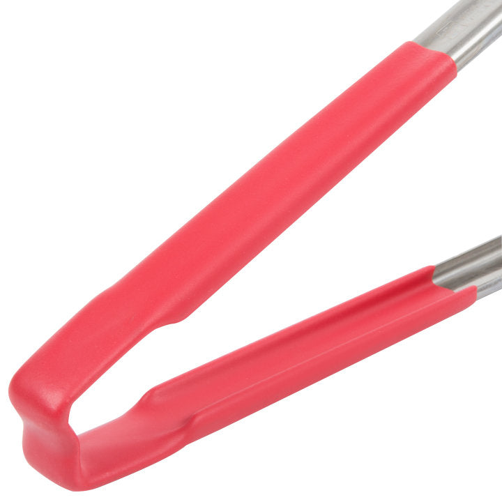 Vollrath 4781240 Jacob's Pride 1-Piece Stainless Steel Scalloped Utility Tongs with Color-Coded Kool-Touch Handle 12" - Red