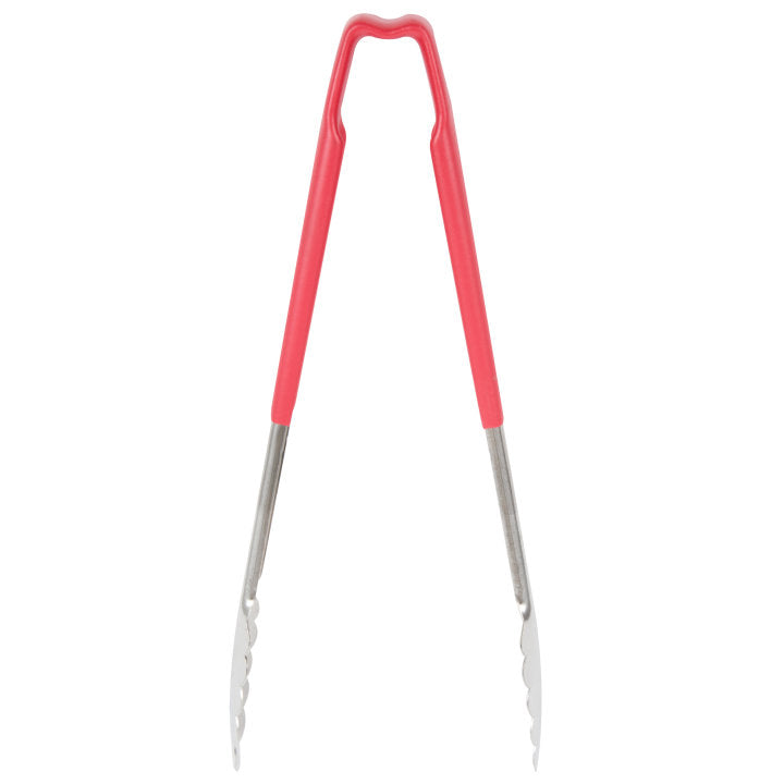 Vollrath 4781240 Jacob's Pride 1-Piece Stainless Steel Scalloped Utility Tongs with Color-Coded Kool-Touch Handle 12" - Red