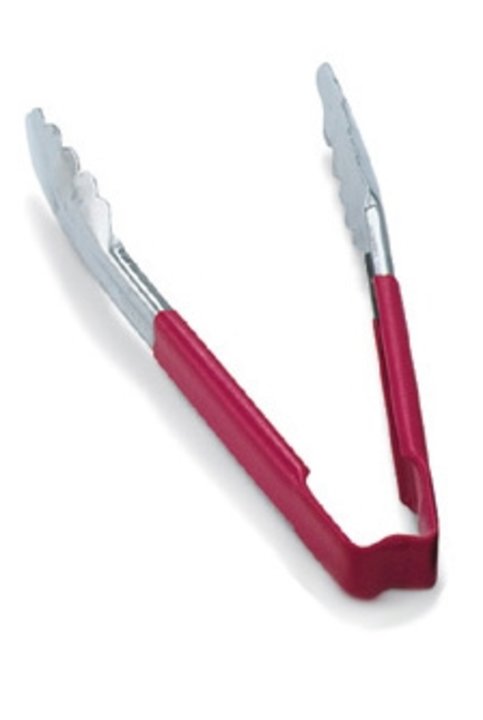 Vollrath 4781240 Jacob's Pride 1-Piece Stainless Steel Scalloped Utility Tongs with Color-Coded Kool-Touch Handle 12" - Red