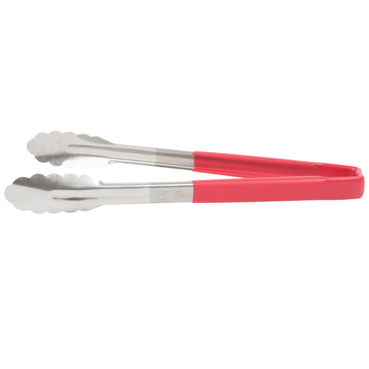 Vollrath 4781240 Jacob's Pride 1-Piece Stainless Steel Scalloped Utility Tongs with Color-Coded Kool-Touch Handle 12" - Red
